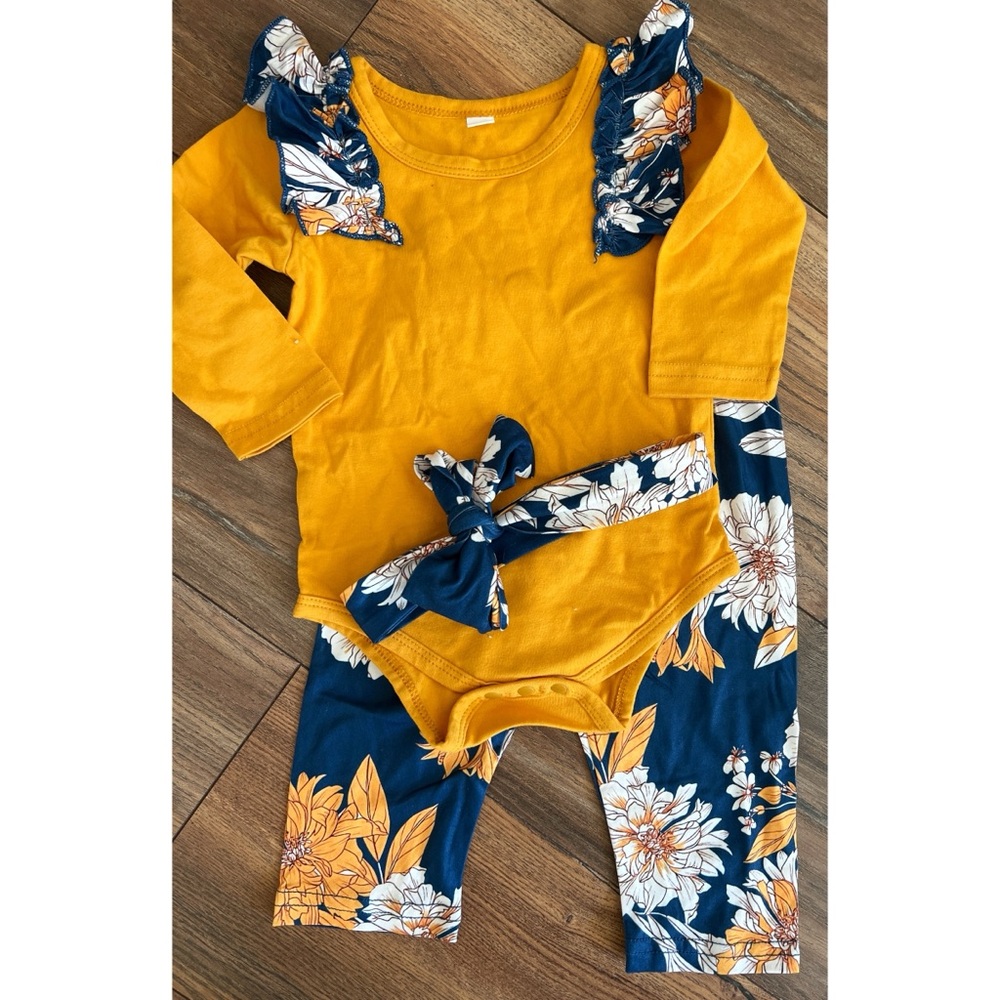 Baby Girl 3-6 Months Teal and Gold Floral 3 Piece Set Shirt Pant Headband